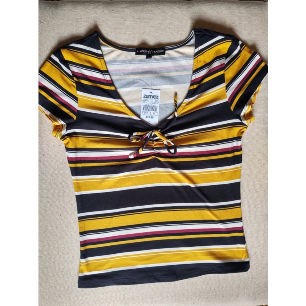 Almost Famous Taylor Striped Yellow Rouched Top - Picture 2 of 5
